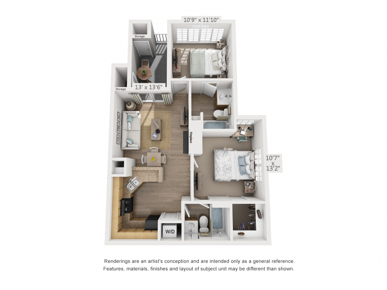 Floor plan for 2 beds, 2 baths, 800 sqft